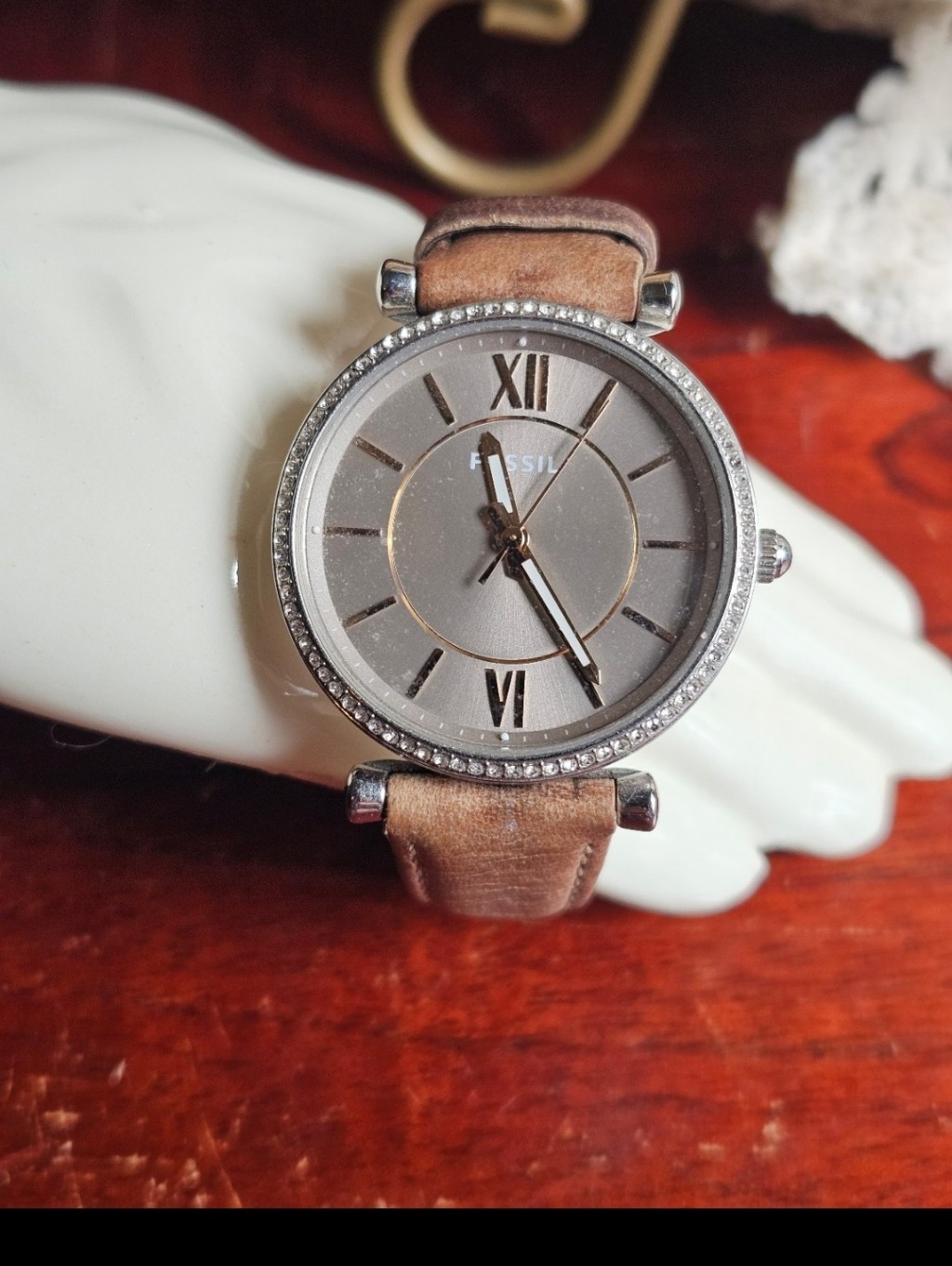 Fossil Silver Dial Watch With Brown Leather Strap